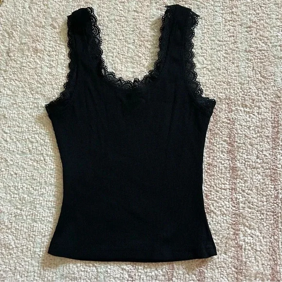NWT Commense Lace Trim Crop Tank Top Ribbed Bow Front Size XS Black - Picture 4 of 10